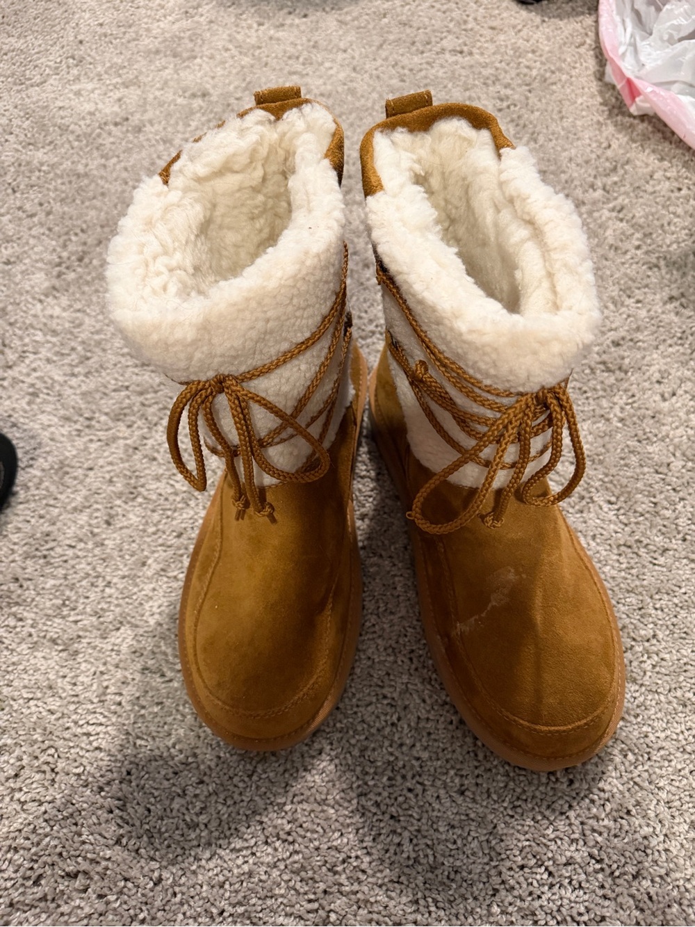 Koolaburra Tan Suede Lace-Up Winter Boots with Cream Sherpa Cuff